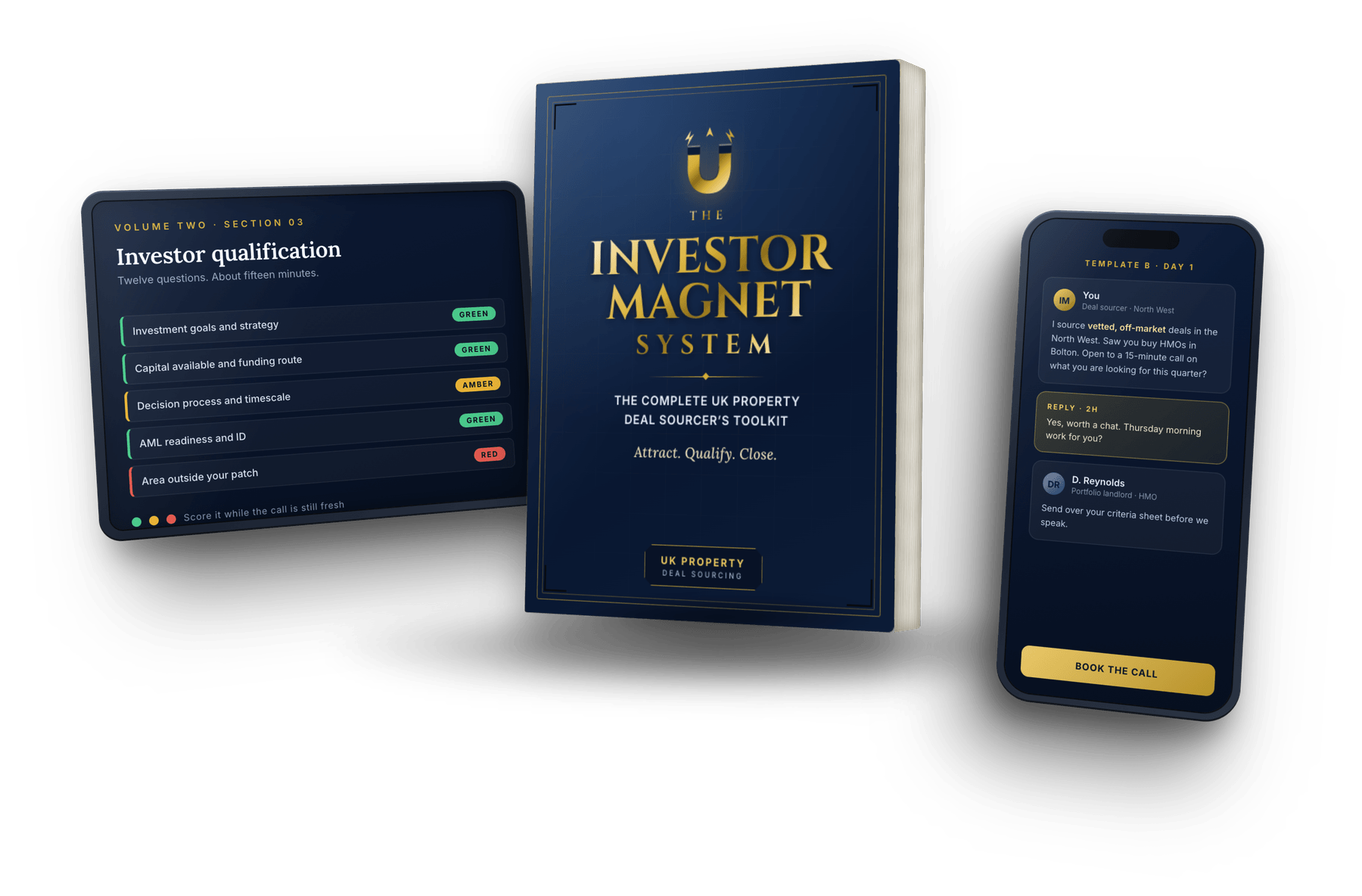 The Investor Magnet System: the bound toolkit shown with the investor qualification checklist on a tablet and an outreach message on a phone.